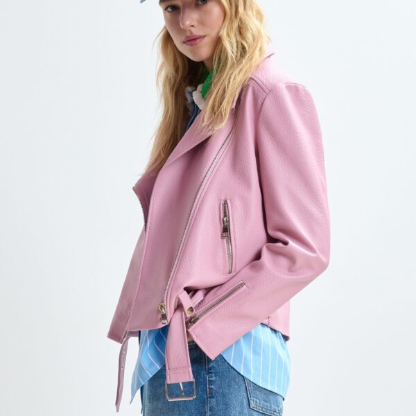 Essentiel Antwerp Light pink fitted biker jacket - Essentiel Antwerp Jackets - Colorful Belgian Design - Shop at Coveti
