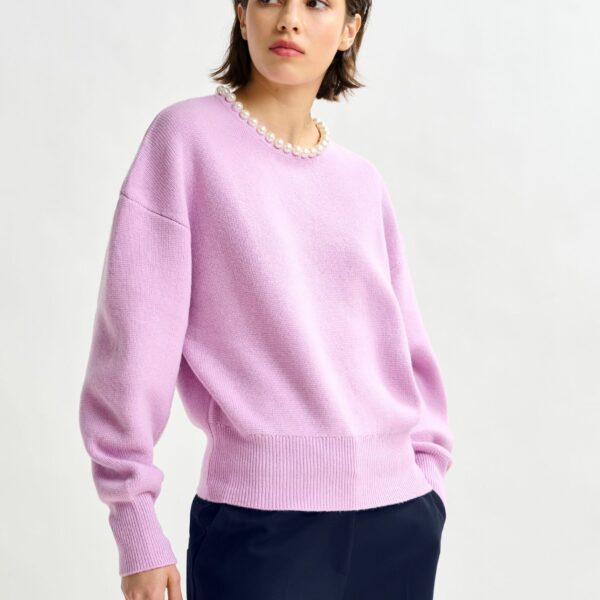 Essentiel Antwerp Light pink pearl-embellished knit sweater - Essentiel Antwerp Knitwear - Colorful Belgian Design - Shop at Coveti