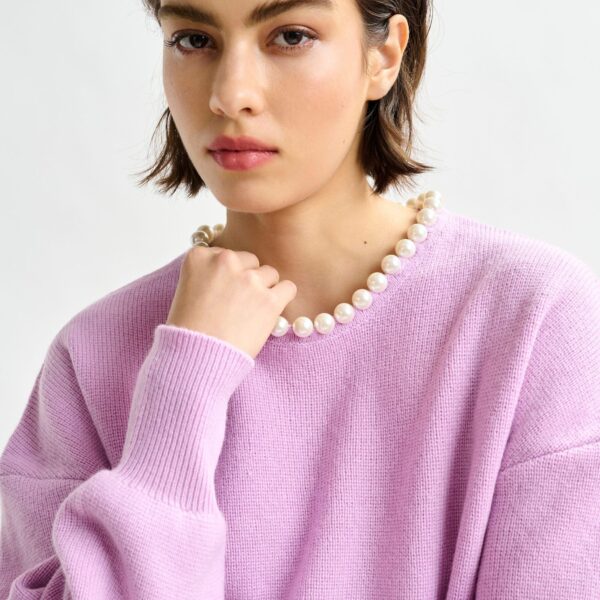 Essentiel Antwerp Light pink pearl-embellished knit sweater - Essentiel Antwerp Knitwear - Colorful Belgian Design - Shop at Coveti