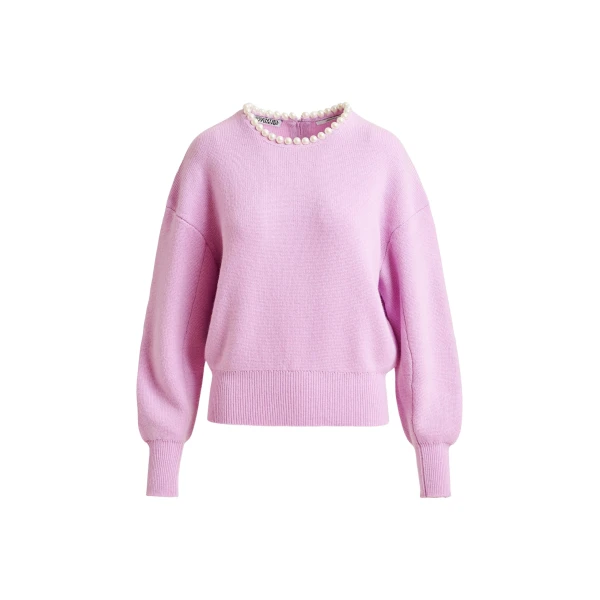 Essentiel Antwerp Light pink pearl-embellished knit sweater - Essentiel Antwerp Knitwear - Colorful Belgian Design - Shop at Coveti