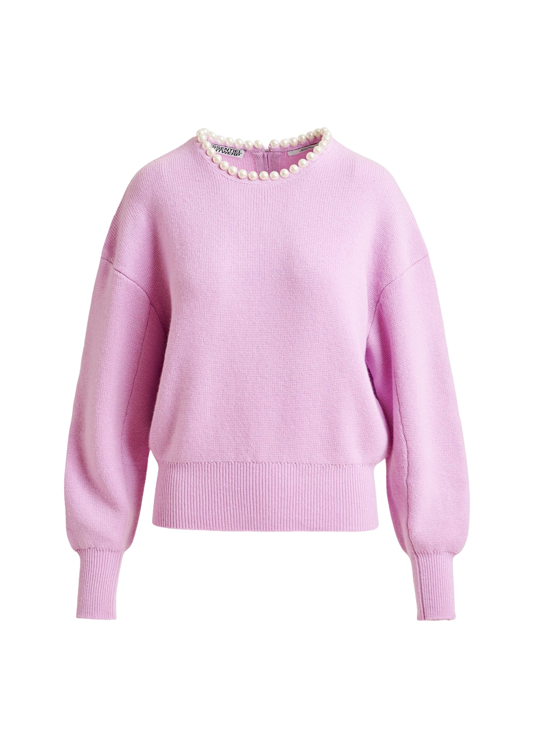 Essentiel Antwerp Light pink pearl-embellished knit sweater - Essentiel Antwerp Knitwear - Colorful Belgian Design - Shop at Coveti