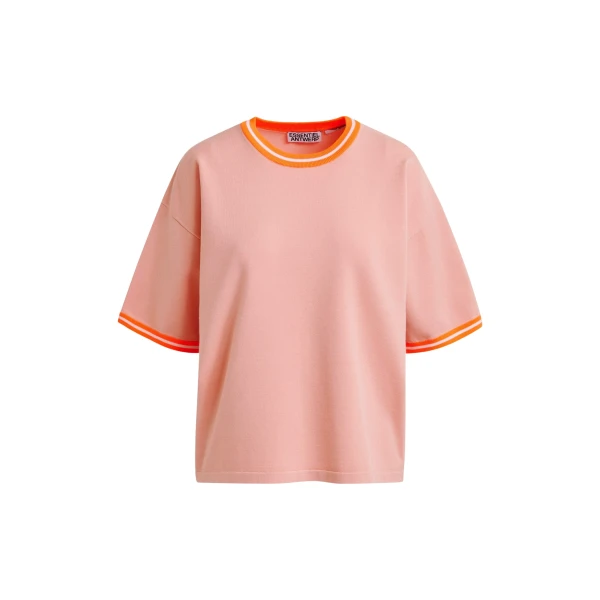 Essentiel Antwerp Light pink slightly cropped knit T-shirt with orange contrasting trim - Essentiel Antwerp Shirts - Colorful Belgian Design - Shop at Coveti
