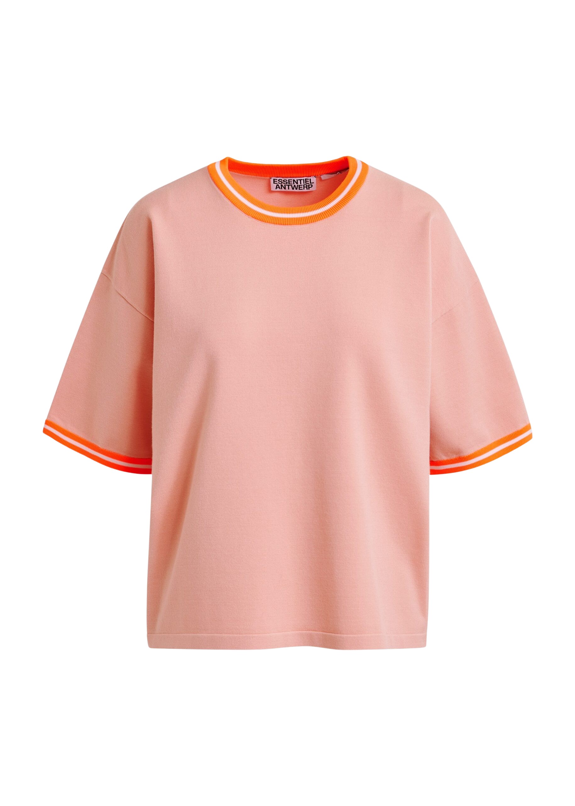 Essentiel Antwerp Light pink slightly cropped knit T-shirt with orange contrasting trim - Essentiel Antwerp Shirts - Colorful Belgian Design - Shop at Coveti