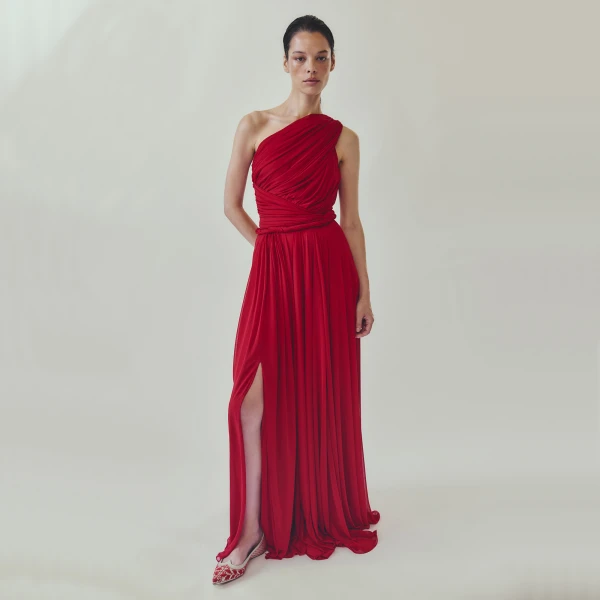 Giambattista Valli Long Asymmetrical Red Jersey Dress - Giambattista Valli Dresses - Romantic Couture - Shop at Coveti