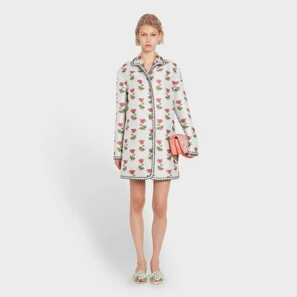 Giambattista Valli Long Blue Floral Jacquard Coat - Giambattista Valli Coats - Romantic Couture - Shop at Coveti