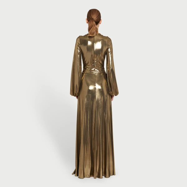 Giambattista Valli Long Gold Laminated Jersey Dress With Bows - Giambattista Valli Dresses - Romantic Couture - Shop at Coveti