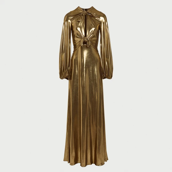 Giambattista Valli Long Gold Laminated Jersey Dress With Bows - Giambattista Valli Dresses - Romantic Couture - Shop at Coveti