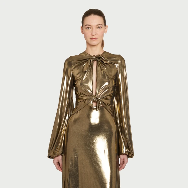 Giambattista Valli Long Gold Laminated Jersey Dress With Bows - Giambattista Valli Dresses - Romantic Couture - Shop at Coveti
