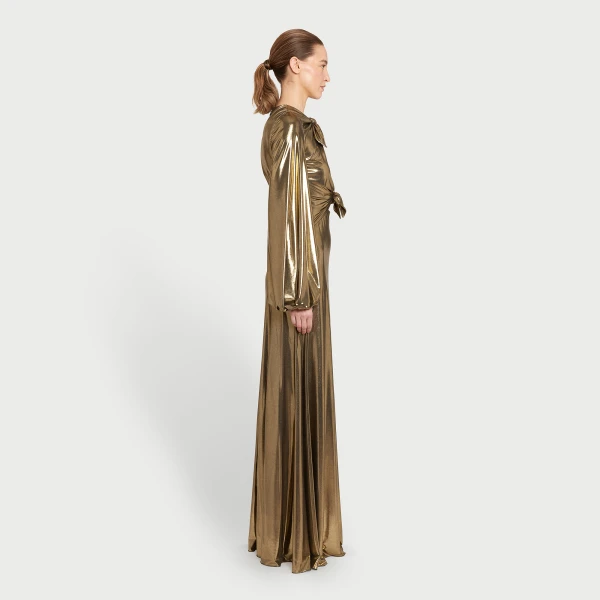 Giambattista Valli Long Gold Laminated Jersey Dress With Bows - Giambattista Valli Dresses - Romantic Couture - Shop at Coveti