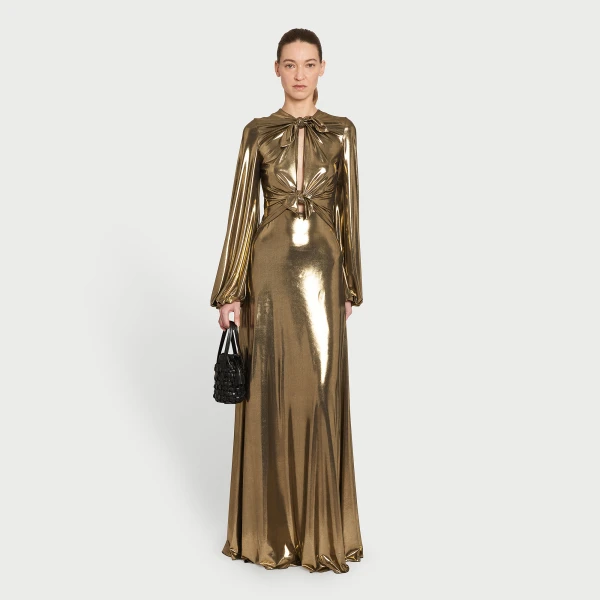 Giambattista Valli Long Gold Laminated Jersey Dress With Bows - Giambattista Valli Dresses - Romantic Couture - Shop at Coveti