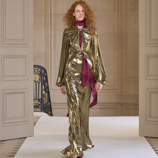 Giambattista Valli Long Gold Laminated Jersey Dress With Bows - Giambattista Valli Dresses - Romantic Couture - Shop at Coveti