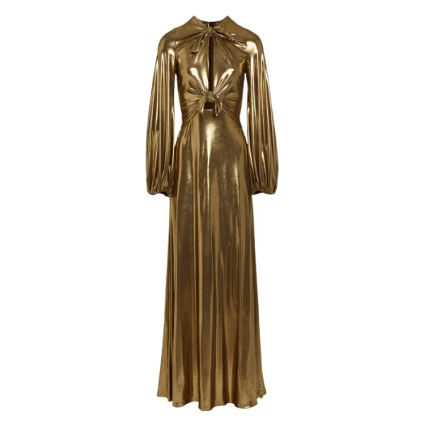 Giambattista Valli Long Gold Laminated Jersey Dress With Bows - Giambattista Valli Dresses - Romantic Couture - Shop at Coveti