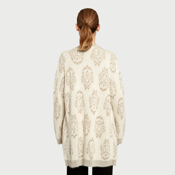 Giambattista Valli Long Ivory And Gold Ikat Cardigan - Giambattista Valli Fall Winter 25/26 - Romantic Couture - Shop at Coveti