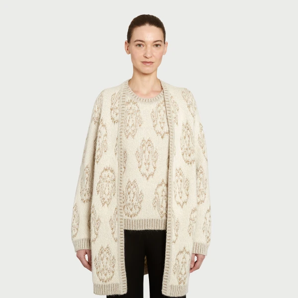 Giambattista Valli Long Ivory And Gold Ikat Cardigan - Giambattista Valli Fall Winter 25/26 - Romantic Couture - Shop at Coveti