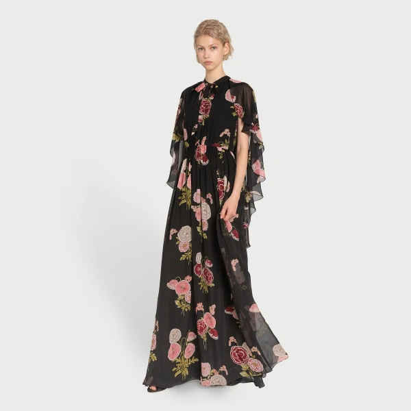 Giambattista Valli Long Pansies Black Silk Dress With Cape - Giambattista Valli Dresses - Romantic Couture - Shop at Coveti