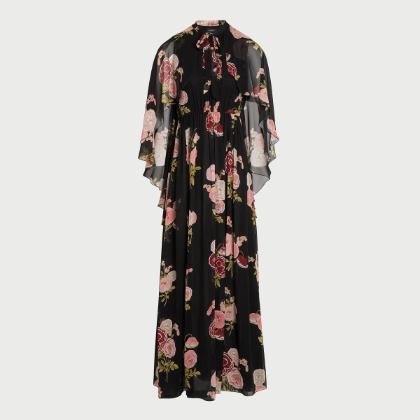 Giambattista Valli Long Pansies Black Silk Dress With Cape - Giambattista Valli Dresses - Romantic Couture - Shop at Coveti
