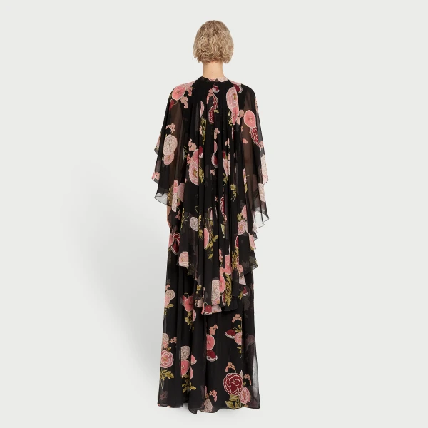 Giambattista Valli Long Pansies Black Silk Dress With Cape - Giambattista Valli Dresses - Romantic Couture - Shop at Coveti