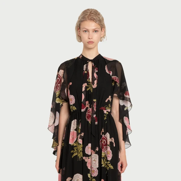 Giambattista Valli Long Pansies Black Silk Dress With Cape - Giambattista Valli Dresses - Romantic Couture - Shop at Coveti