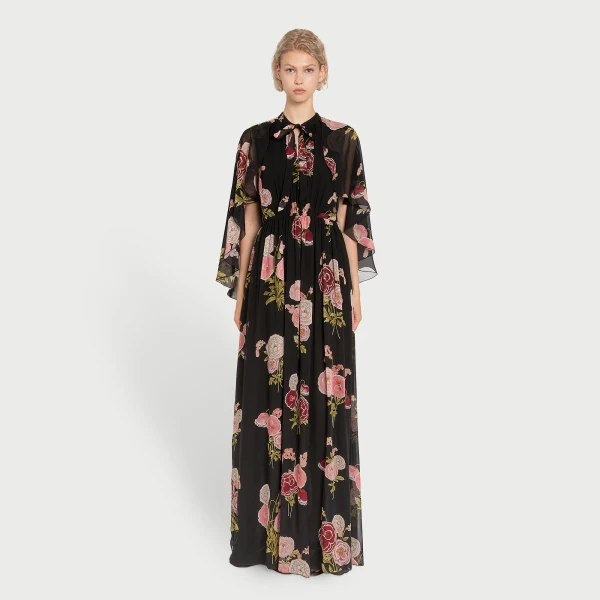 Giambattista Valli Long Pansies Black Silk Dress With Cape - Giambattista Valli Dresses - Romantic Couture - Shop at Coveti