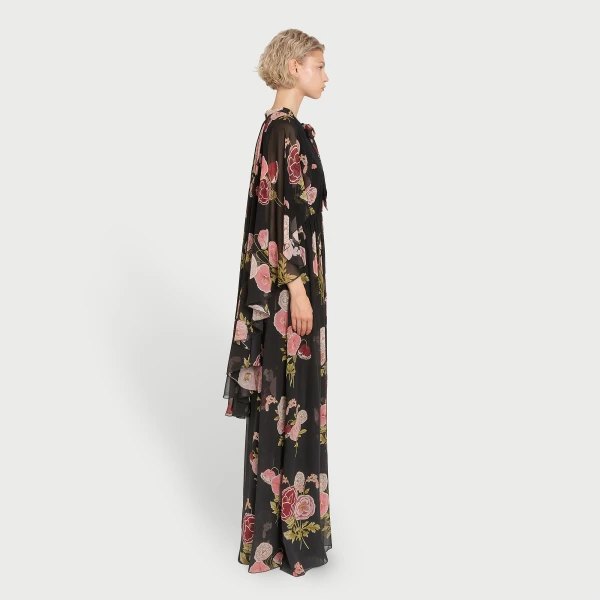 Giambattista Valli Long Pansies Black Silk Dress With Cape - Giambattista Valli Dresses - Romantic Couture - Shop at Coveti