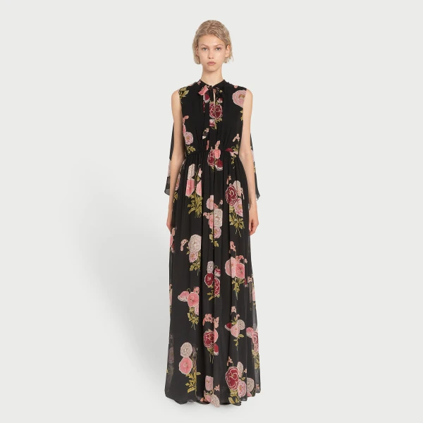 Giambattista Valli Long Pansies Black Silk Dress With Cape - Giambattista Valli Dresses - Romantic Couture - Shop at Coveti