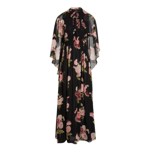 Giambattista Valli Long Pansies Black Silk Dress With Cape - Giambattista Valli Dresses - Romantic Couture - Shop at Coveti
