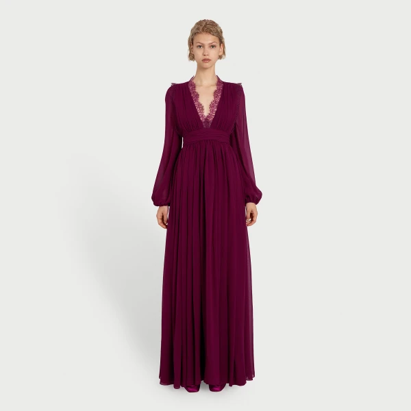 Giambattista Valli Long Purple Silk Dress And Lace Collar - Giambattista Valli Dresses - Romantic Couture - Shop at Coveti