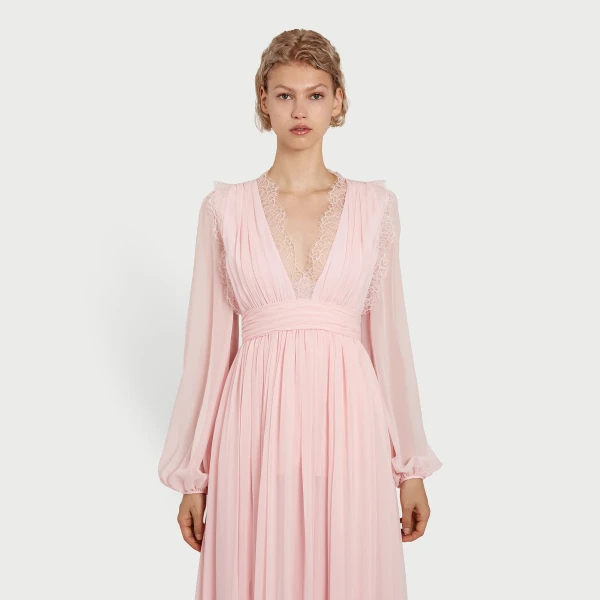 Giambattista Valli Long Rose Quartz Silk Dress And Lace Collar - Giambattista Valli Dresses - Romantic Couture - Shop at Coveti