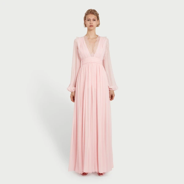 Giambattista Valli Long Rose Quartz Silk Dress And Lace Collar - Giambattista Valli Dresses - Romantic Couture - Shop at Coveti