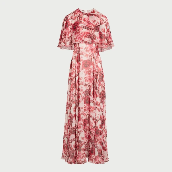 Giambattista Valli Long Ruby Pansies Silk Dress With Cape - Giambattista Valli Dresses - Romantic Couture - Shop at Coveti