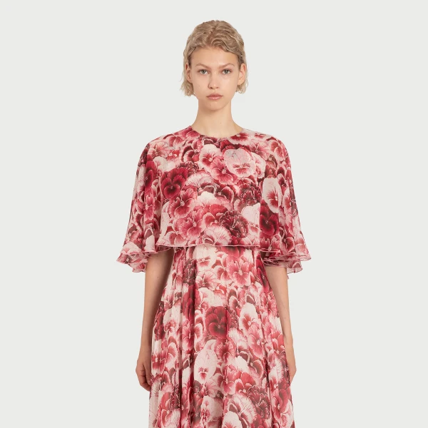 Giambattista Valli Long Ruby Pansies Silk Dress With Cape - Giambattista Valli Dresses - Romantic Couture - Shop at Coveti