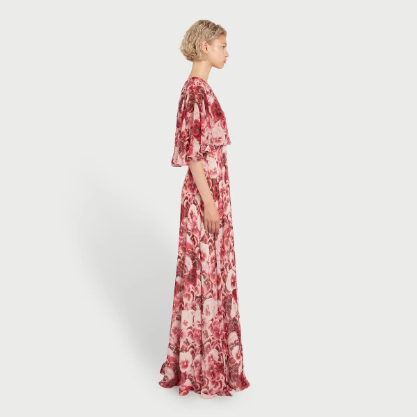 Giambattista Valli Long Ruby Pansies Silk Dress With Cape - Giambattista Valli Dresses - Romantic Couture - Shop at Coveti
