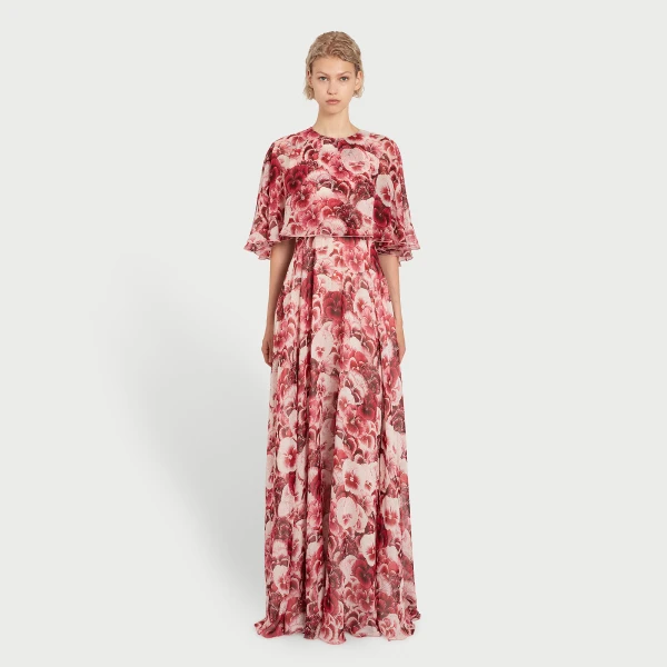 Giambattista Valli Long Ruby Pansies Silk Dress With Cape - Giambattista Valli Dresses - Romantic Couture - Shop at Coveti