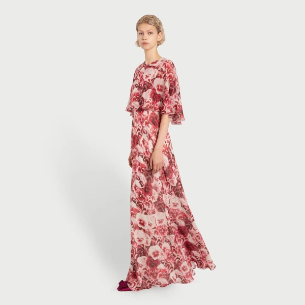 Giambattista Valli Long Ruby Pansies Silk Dress With Cape - Giambattista Valli Dresses - Romantic Couture - Shop at Coveti