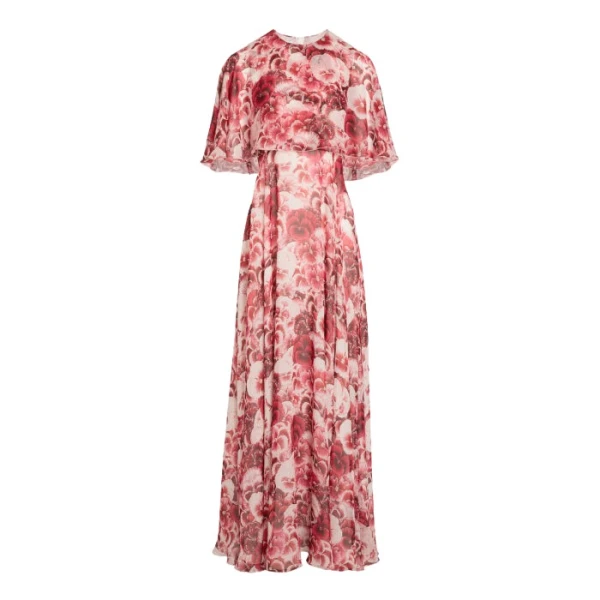 Giambattista Valli Long Ruby Pansies Silk Dress With Cape - Giambattista Valli Dresses - Romantic Couture - Shop at Coveti