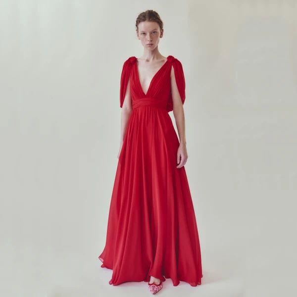 Giambattista Valli Maxi Red Silk Dress With Draped Shoulders - Giambattista Valli Dresses - Romantic Couture - Shop at Coveti