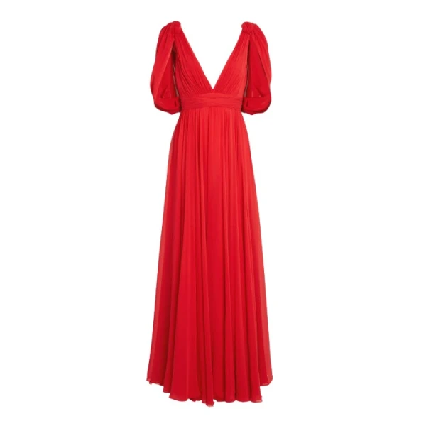 Maxi Red Silk Dress With Draped Shoulders