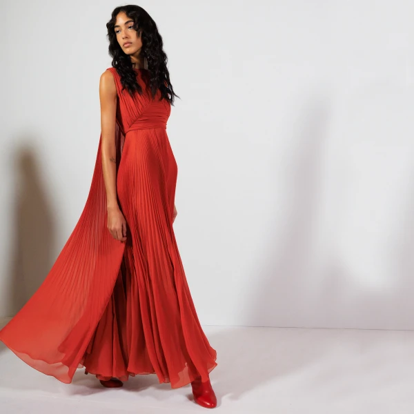 Giambattista Valli Midi Brick-Colored Draped Silk Dress - Giambattista Valli Dresses - Romantic Couture - Shop at Coveti