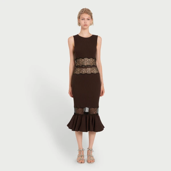 Giambattista Valli Midi Brown Knit Dress With Lace - Giambattista Valli Dresses - Romantic Couture - Shop at Coveti