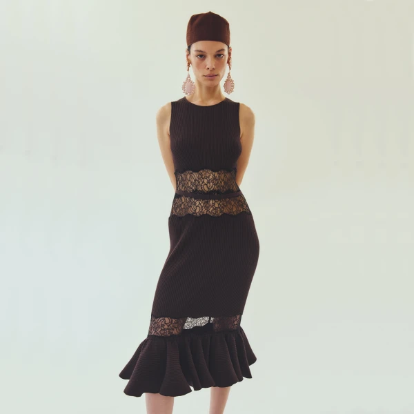 Giambattista Valli Midi Brown Knit Dress With Lace - Giambattista Valli Dresses - Romantic Couture - Shop at Coveti