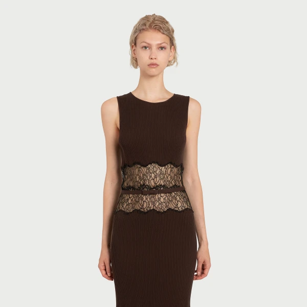 Giambattista Valli Midi Brown Knit Dress With Lace - Giambattista Valli Dresses - Romantic Couture - Shop at Coveti