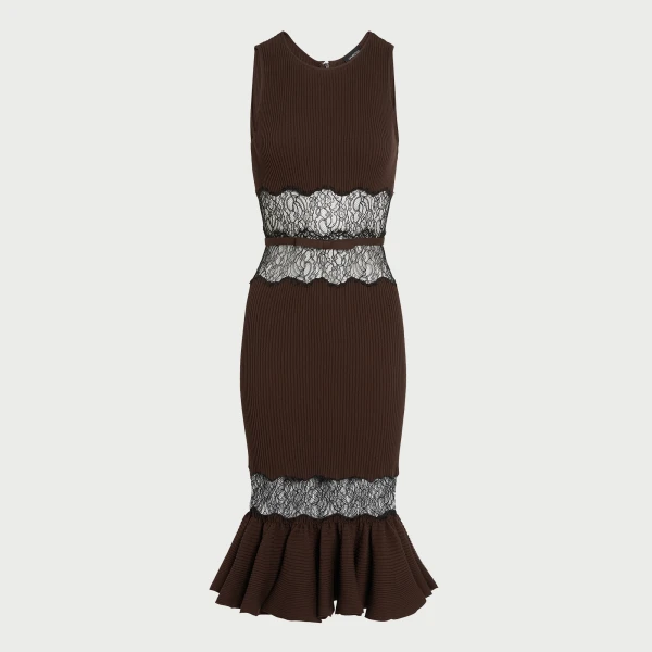 Giambattista Valli Midi Brown Knit Dress With Lace - Giambattista Valli Dresses - Romantic Couture - Shop at Coveti