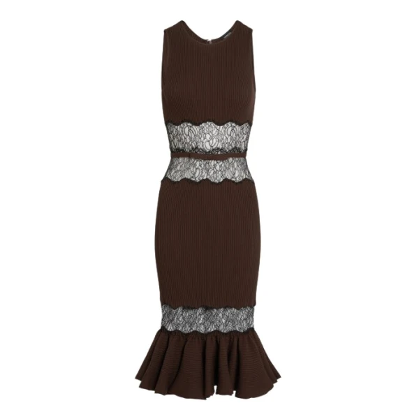 Giambattista Valli Midi Brown Knit Dress With Lace - Giambattista Valli Dresses - Romantic Couture - Shop at Coveti