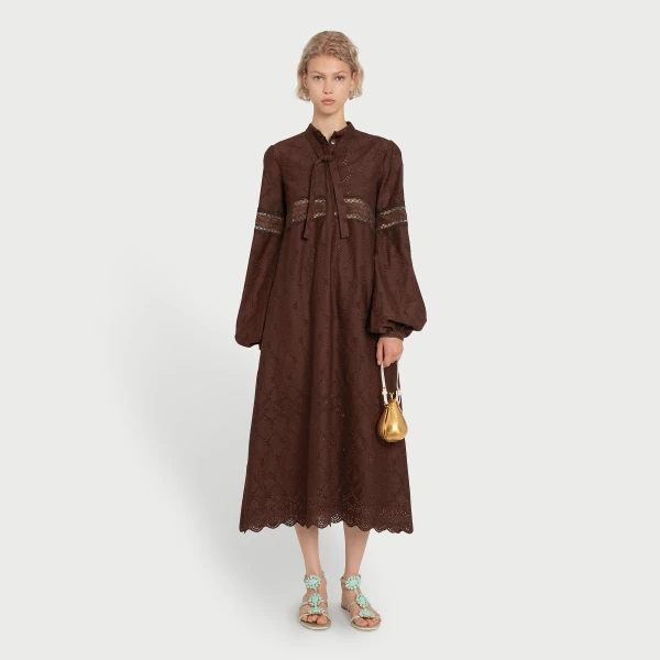 Giambattista Valli Midi Brown Saint-Gall Embroidery Dress - Giambattista Valli Dresses - Romantic Couture - Shop at Coveti