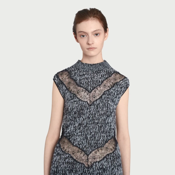 Giambattista Valli Midi Gray Wool Dress With Black Lace Details - Giambattista Valli Dresses - Romantic Couture - Shop at Coveti