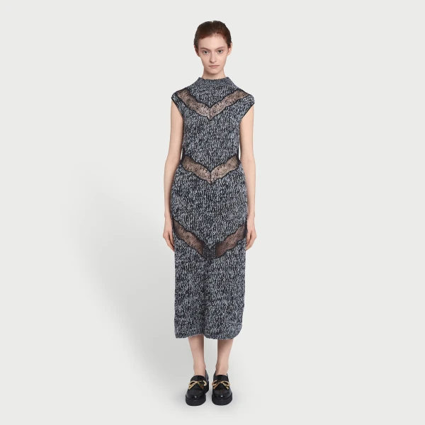 Giambattista Valli Midi Gray Wool Dress With Black Lace Details - Giambattista Valli Dresses - Romantic Couture - Shop at Coveti