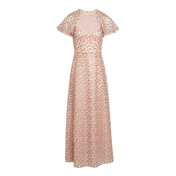 Midi Pale Pink Dress With Embroidered Daisies