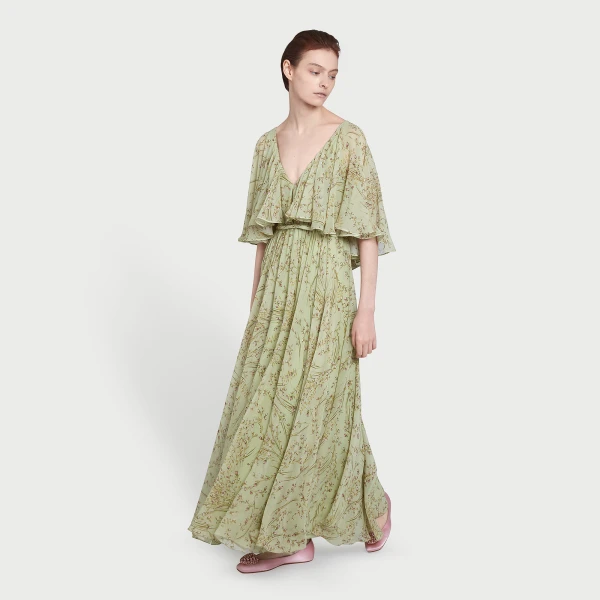 Giambattista Valli Midi Wild Flowers Green Silk Dress With Cape - Giambattista Valli Dresses - Romantic Couture - Shop at Coveti