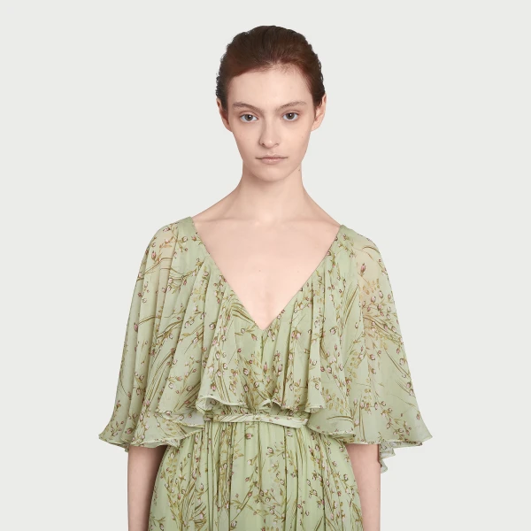 Giambattista Valli Midi Wild Flowers Green Silk Dress With Cape - Giambattista Valli Dresses - Romantic Couture - Shop at Coveti