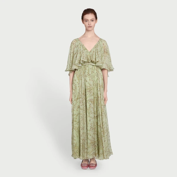 Giambattista Valli Midi Wild Flowers Green Silk Dress With Cape - Giambattista Valli Dresses - Romantic Couture - Shop at Coveti